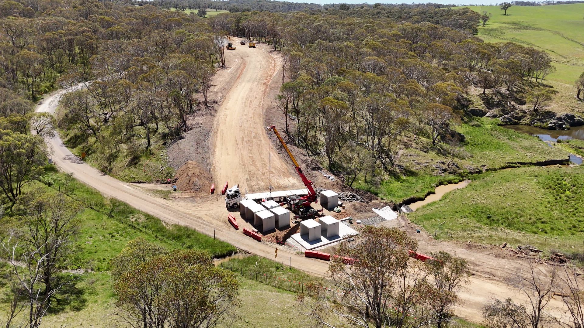 Aerial view of the crane and precast culvert installation on Rockvale Road